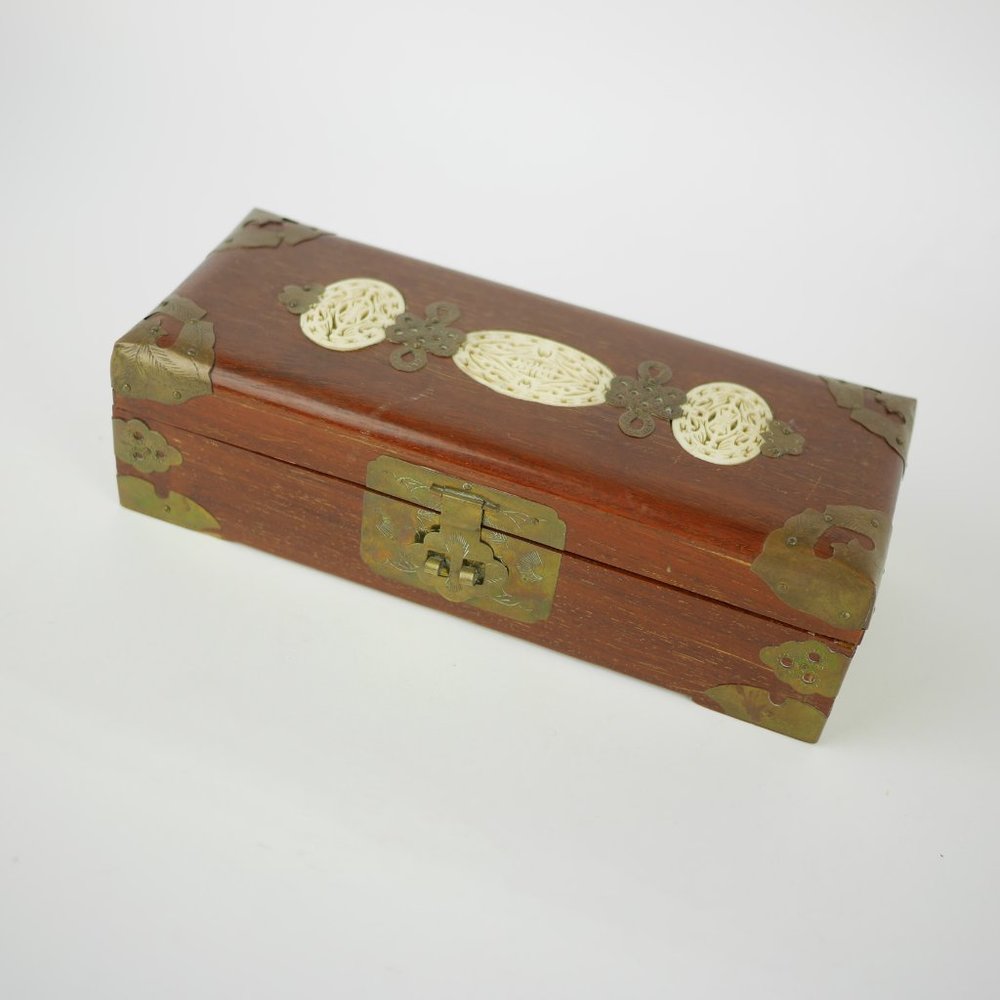 Handmade wood jewelry box with metal embossed corners & carved stone inlay 10"